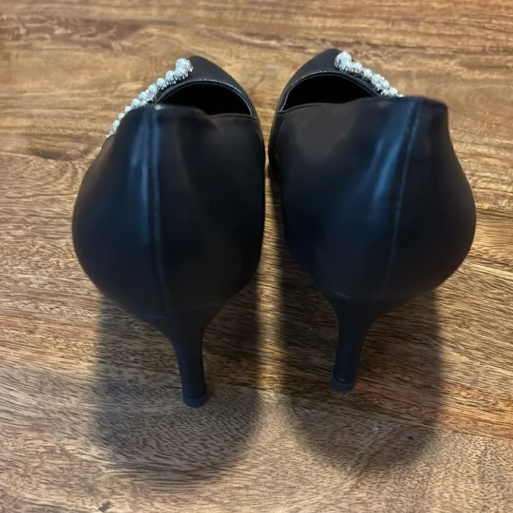 Coutgo Womens Pointed Toe Rhinestones Pumps Kitten 3” Heels Black Slip On Shoe